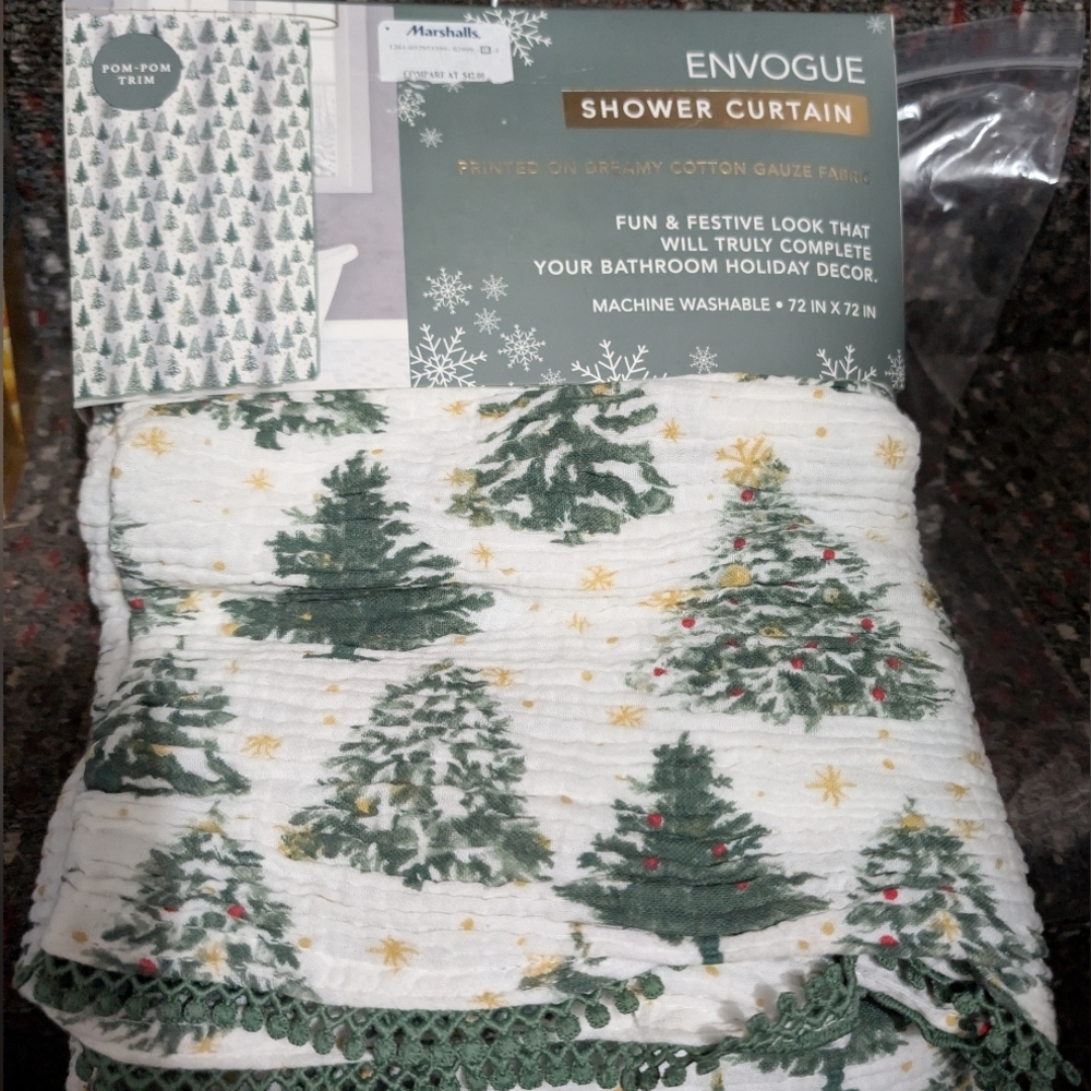 NWT ENVOGUE SHOWER CURTAIN 72" X 72" COTTON GAUZE POMS ON BOTTOM NICE
